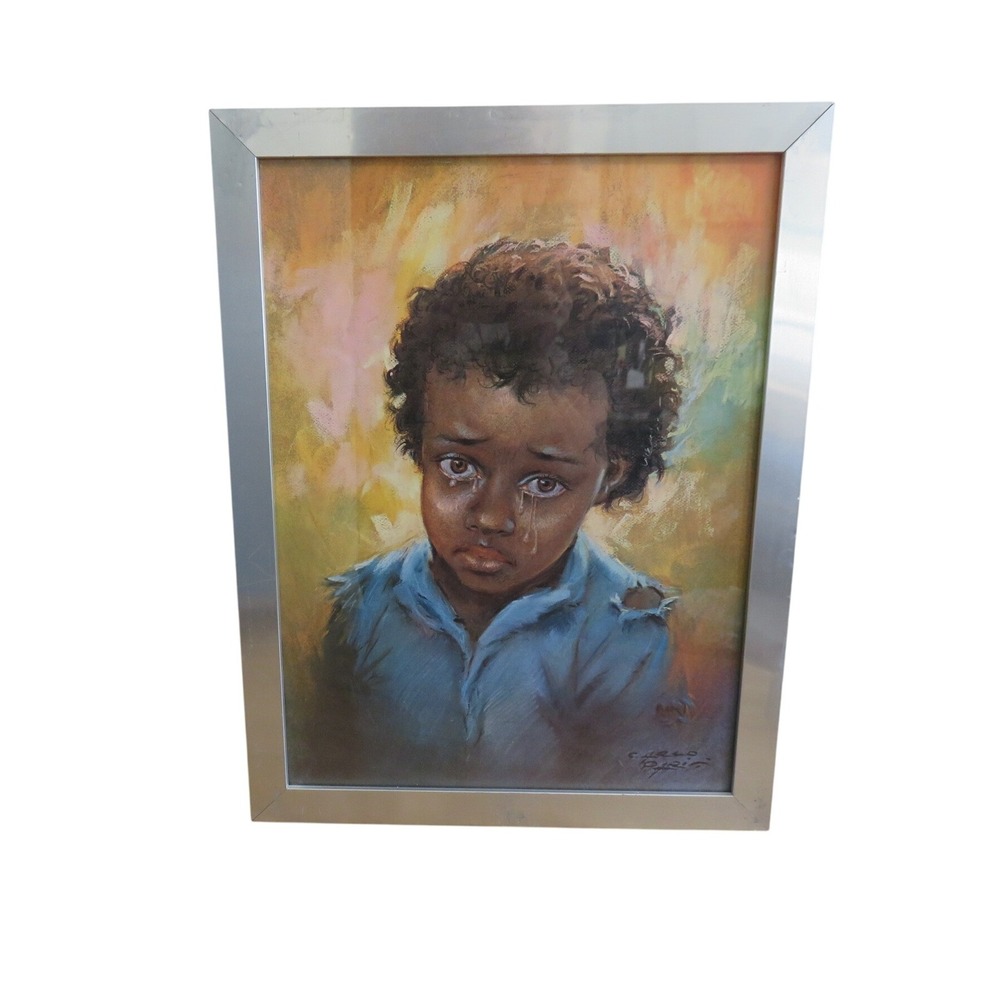VTG Crying Boy Framed Print Art Signed Artwork Giovanni‎ Bragolin Wall Hanging